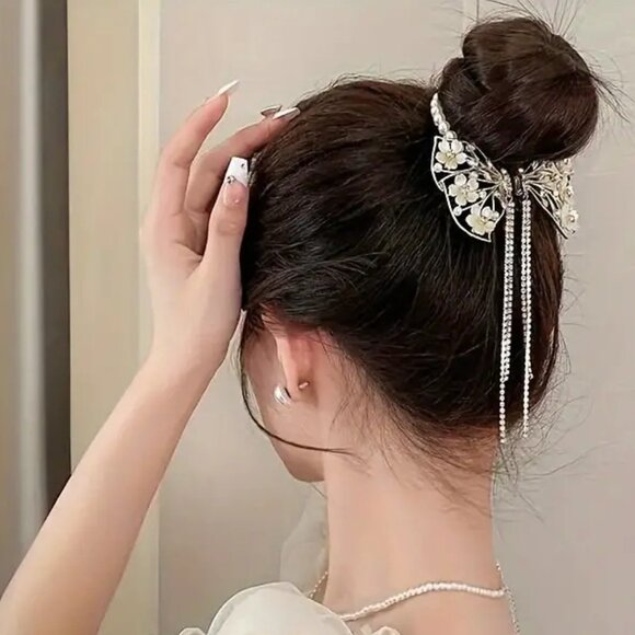 new ELEGANT goldtone HAIR CLIP w/faux pearls RHINESTONE tassel BUTTERFLY flowers - Picture 2 of 4